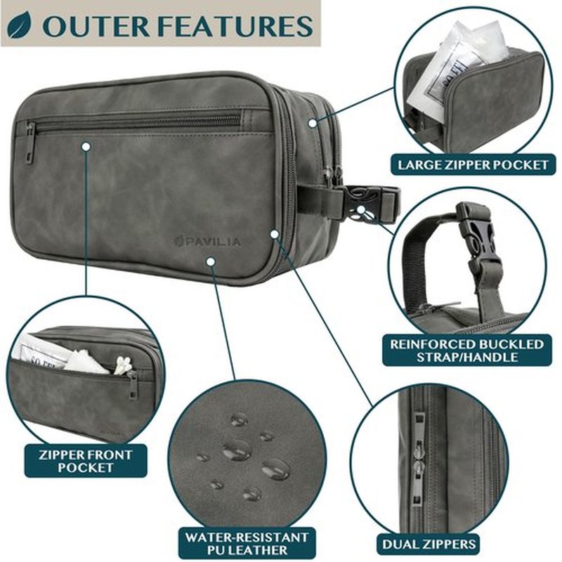 PAVILIA Toiletry Bag for Men, Travel Toiletries Bag | Water-resistant Dopp Kit, PU Leather Shaving Pouch Organizer for Accessories, Cosmetic, Hygiene, Grooming Essentials (Dark Gray)