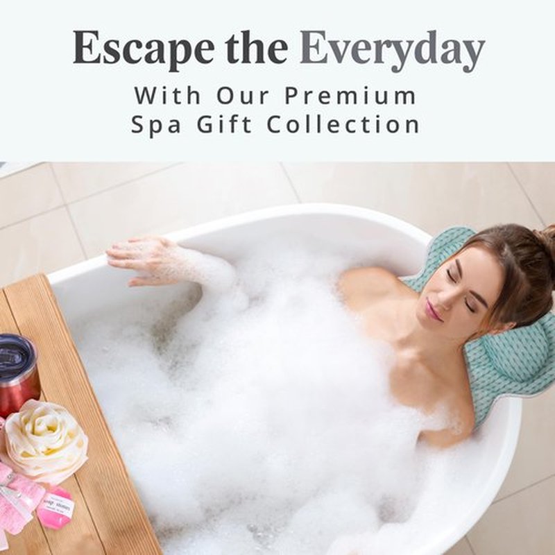 Lady McBath Spa Gift Baskets for Women - Bath Gift Set for Women, Luxury Bath Pillow, Loofah Sponge, Bath Bomb, Soap, Towel, & Insulated Wine Cup, Relaxation Gifts for Women Spa Night Gift Basket