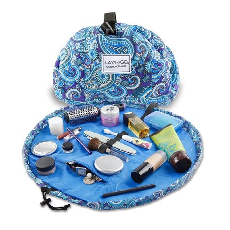Lay-n-Go Cosmo Drawstring Cosmetic & Makeup Bag Organizer - Portable Drawstring Makeup Bag w/Zipper Pocket, Makeup Loops & More - Durable, Machine Washable Makeup Bag for Travel (22", Blue Paisley)