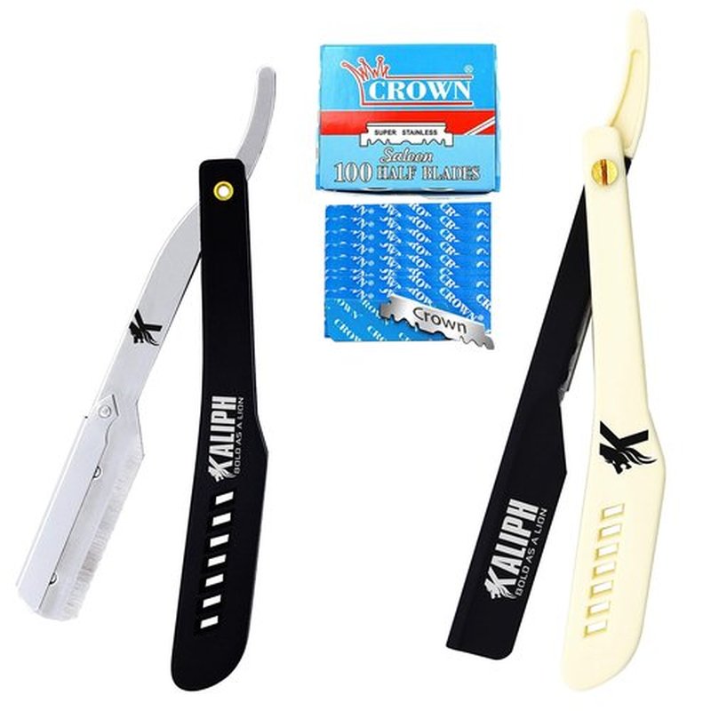 Kaliph Professional Straight Razor For Men - Premium Pack of 2 Straight Edge Barber Razor With 100 Blades - Smooth Shaving Mens Manual Cut Throat Shaver Safety Kit (Black & White)