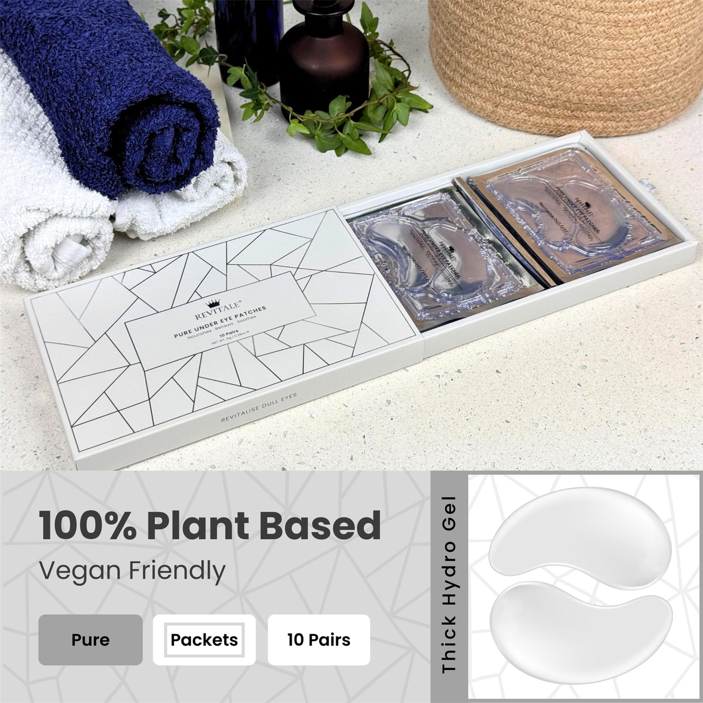 REVITALE Pure Vegan Under Eye Patches, Helps Reduce Puffy Eyes & Dark Circles, Revitalise Dull Eye Masks - Nourishes, Renews, Soothes (Packets - 10 Pair)
