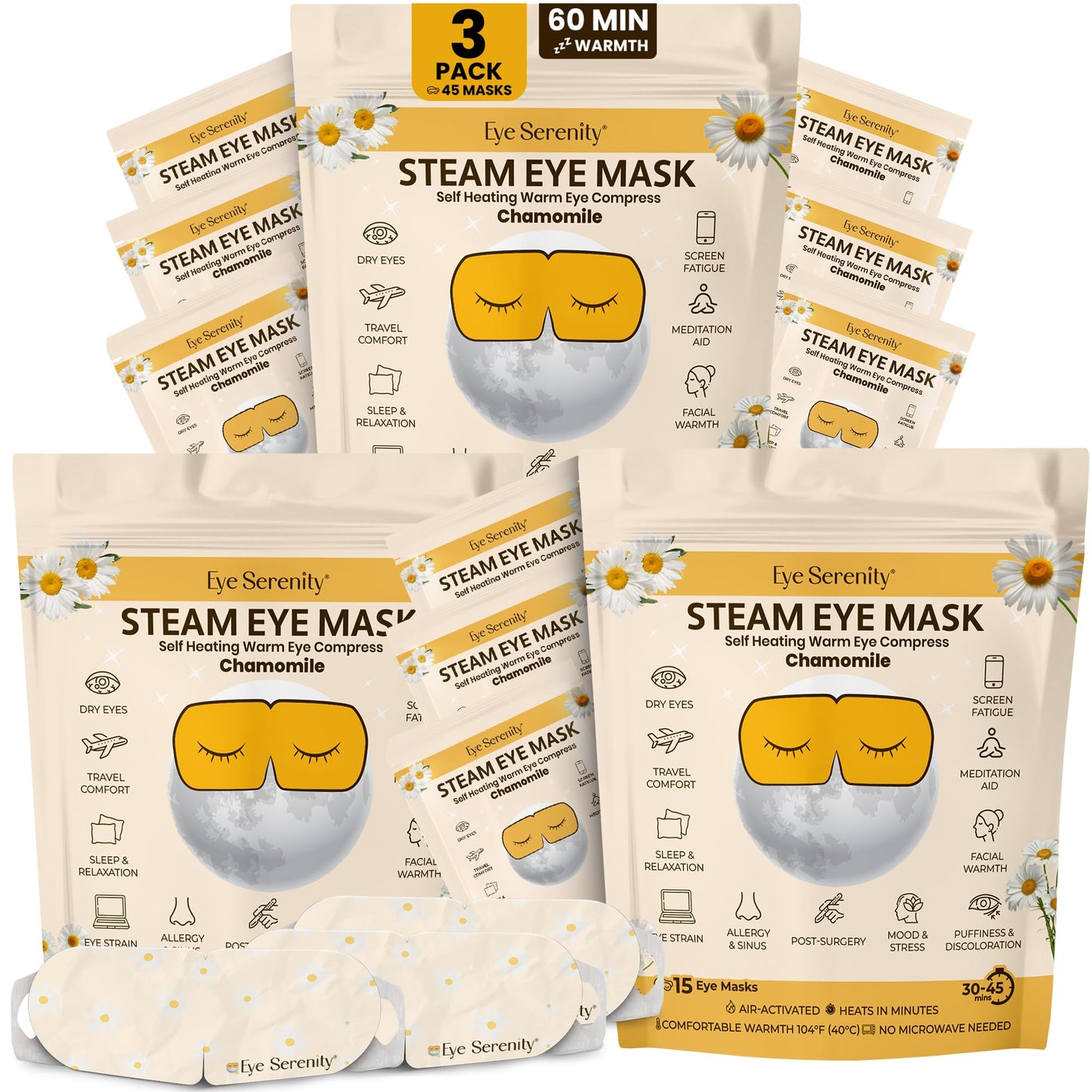LURE Steam Eye Mask, Heated Eye Mask, Self Heating Warm Compress for Dry Eyes, Fast Relief for Stye, Puffy Sensitive Eyes, Moist Heat, Relaxation Gifts for Women and Men - Chamomile