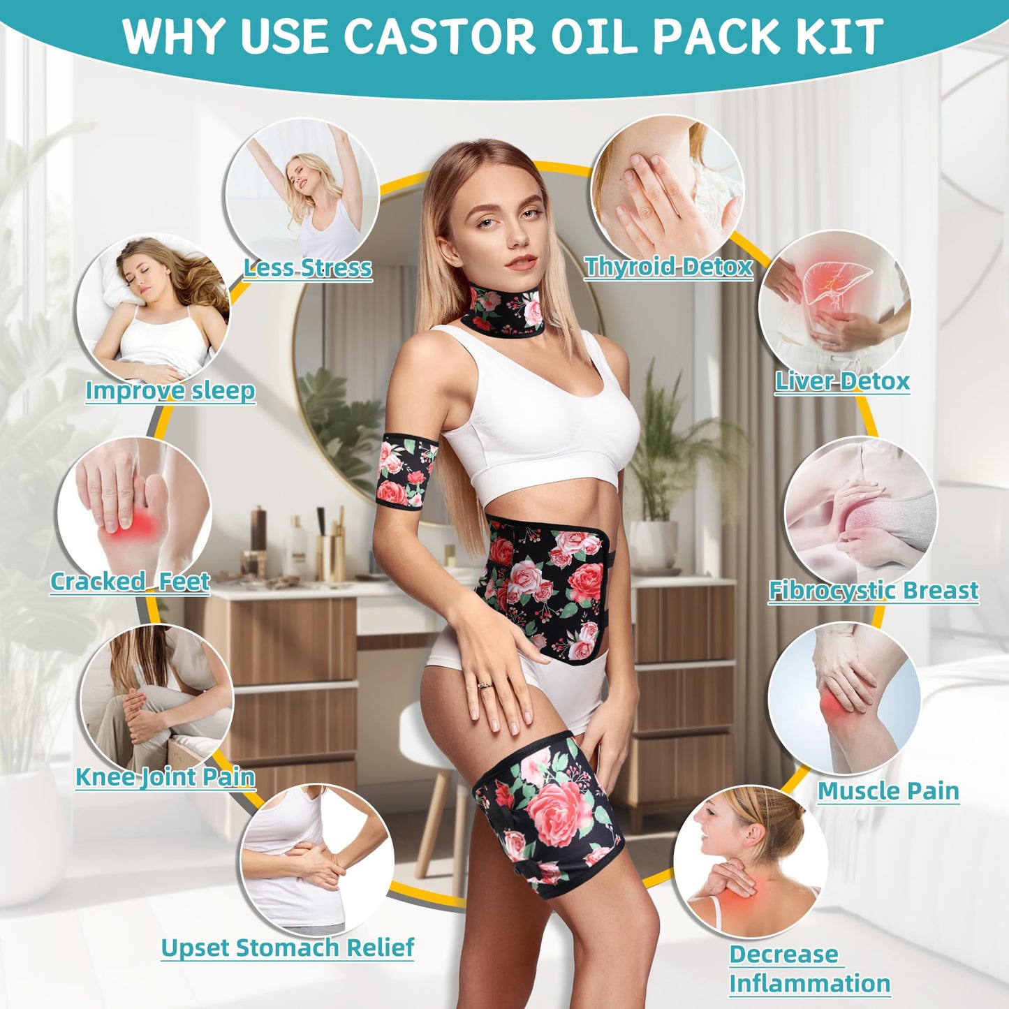 Castor Oil Pack Wrap Organic Cotton for Stomach Neck Belly Chest Knee Feet, 9 Pcs Adjustable Elastic Straps Castor Oil Wrap, Reusable Caster Oil Packs with Laundry Bag, Machine Washable Anti Oil Leak