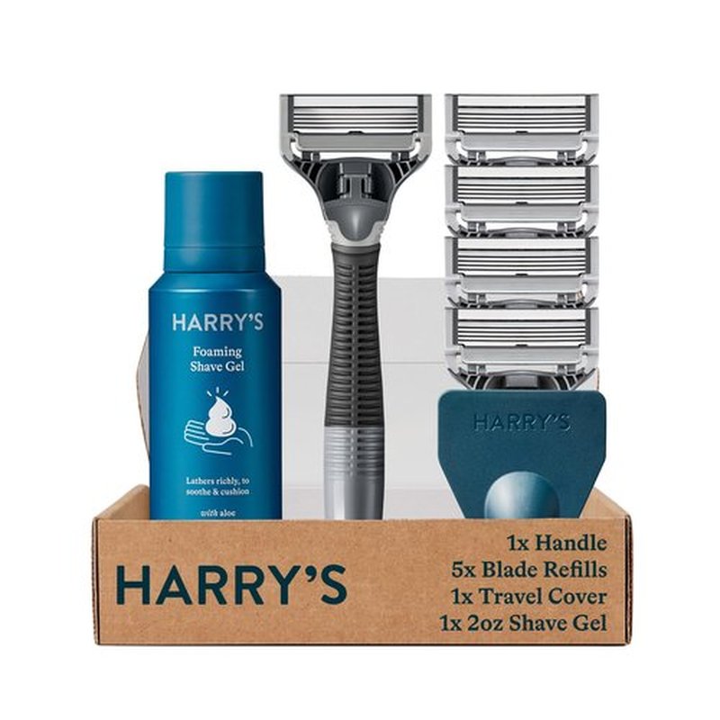 Harry's Razors for Men, 1 Handle (Charcoal) and 4 Razor Blade Refills with German Engineered 5-Blade Technology, 2 oz. Foaming Shave Gel, Travel Blade Cover- Holiday Gift for Men