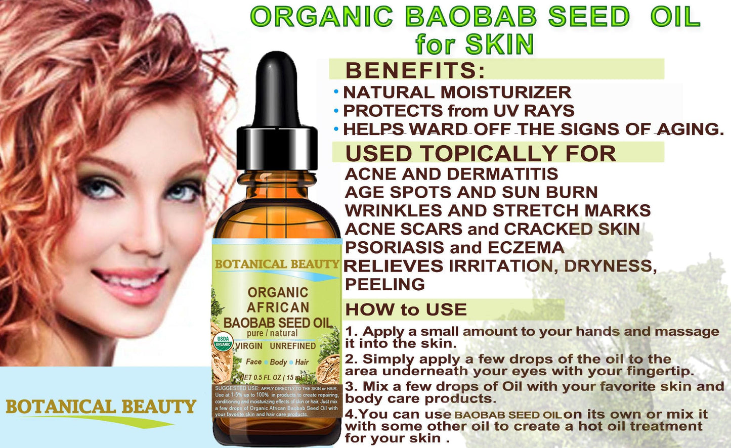 Botanical Beauty Organic BAOBAB SEED OIL 100% Pure Natural Refined Cold-pressed Carrier Oil 0.5 Fl oz 15 ml For Face, Skin, Body, Hair, Lip, Nails. Rich in vitamin C, Vitamin E