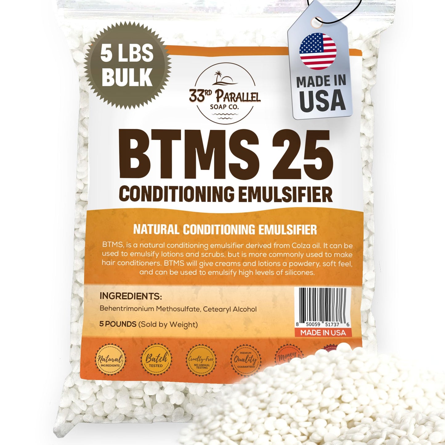 33RD PARALLEL | BTMS 25 (5 lbs / 80 oz) Bulk Conditioning Emulsifier | Behentrimonium Methosulfate Cetearyl Alcohol Emulsifying Conditioner | (5 POUNDS)