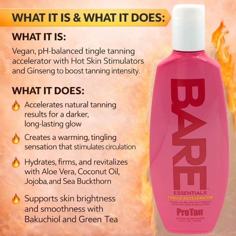 Pro Tan BARE Essentials Tingle Accelerator Tanning Lotion 8.5 fl oz – Vegan DHA, Bakuchiol, Aloe, Coconut Oil, Jojoba & Vitamins B C E – Indoor Outdoor Tan Enhancer, Paraben Free