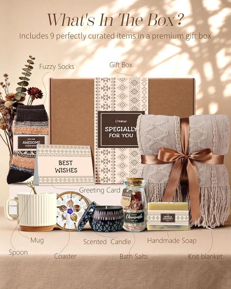 Bohemian Spa Gift Basket for Women - Cozy Blanket, Warm Socks & Thoughtful Card | Perfect for Birthdays, Mother's Day & Self-Care