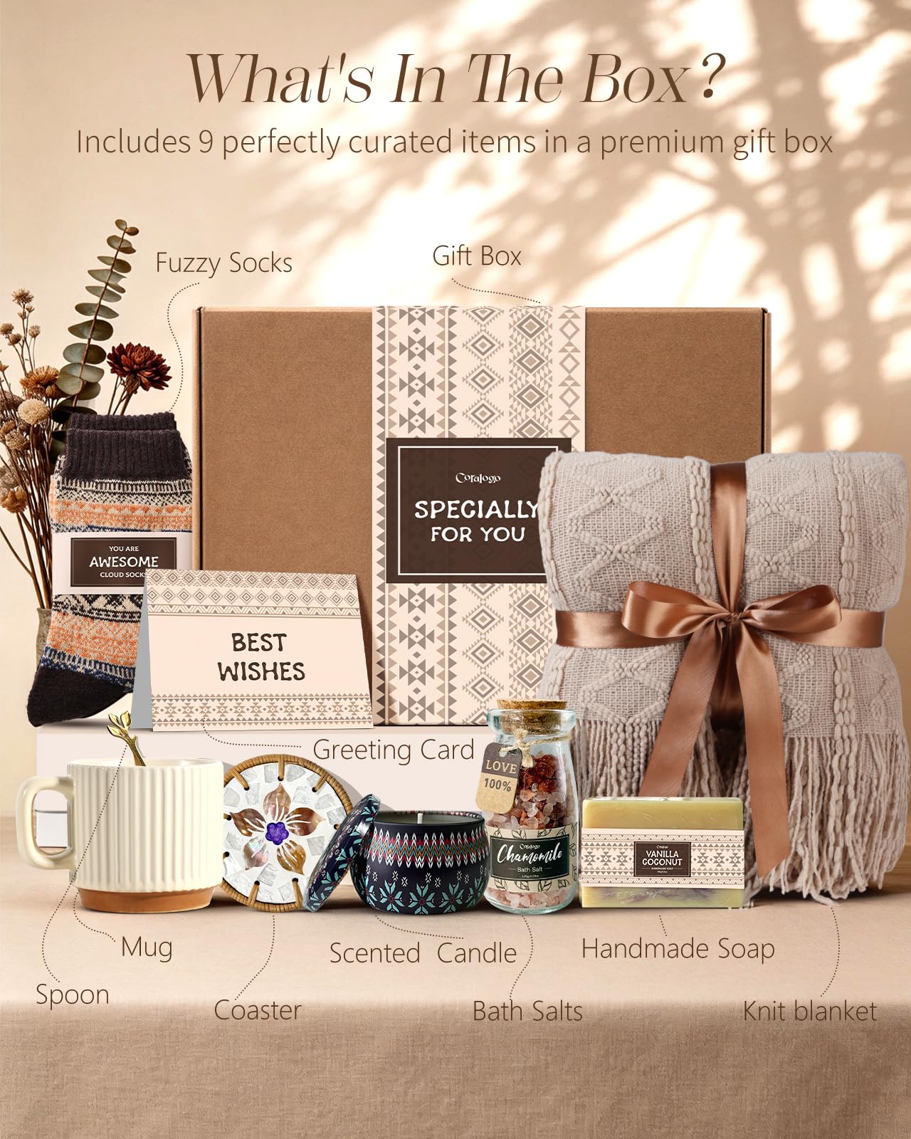 Coralogo Boho Spa Gift Basket for Women - Unique Bohemian Basket with Soft Blanket, Warm Socks, Blank Card, Boho Gifts for Women, Birthday, Get Well, Self Care, Thinking of You