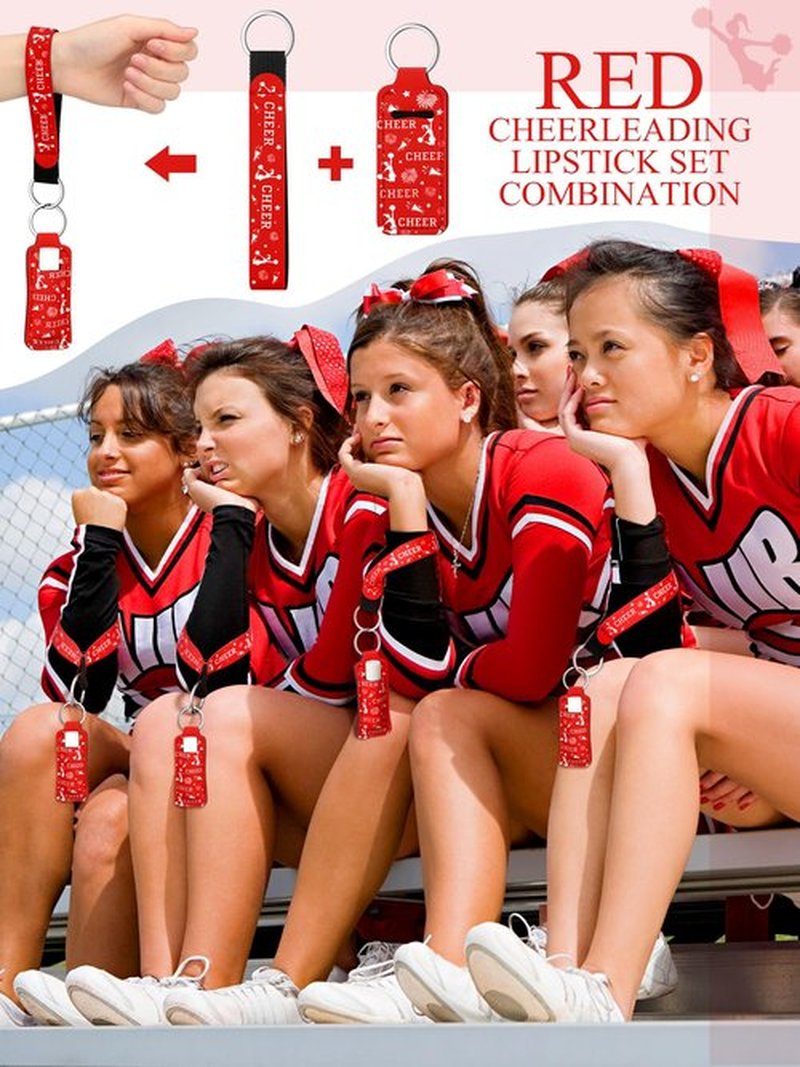 MotiMind 24 Pcs Cheer Lipstick Holder Keychains Lanyard Set Cheer Teams Gifts Cheerleaders Party Favors Cheer Theme Portable Lipstick Holder and Lanyard for Competitive Cheer Party Supplies(Red)