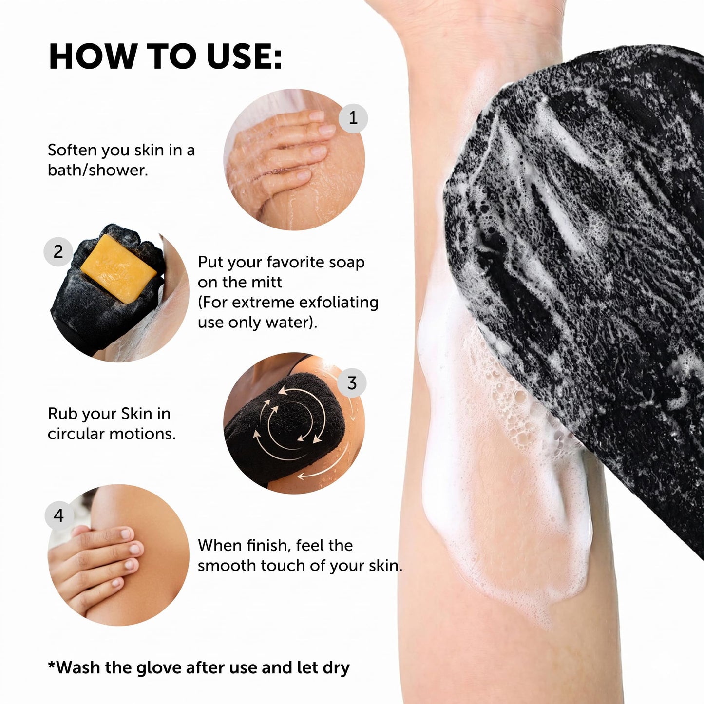 Valitic Exfoliating Glove Body Scrubber - Exfoliating Mitt Dead Skin Remover, Shower Face and Body Exfoliator - Korean Style Skin Scrubber Washcloth - Spray and Self Tan Remover, Pair Black