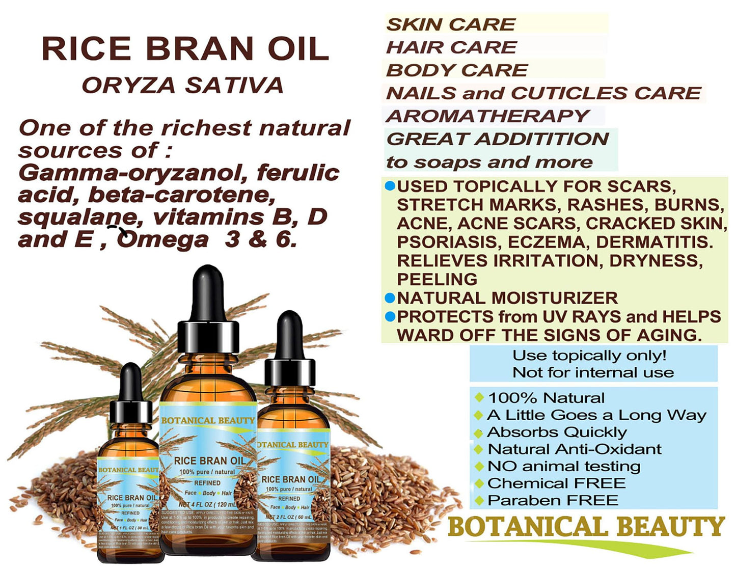 Botanical Beauty RICE BRAN OIL 100% Pure Natural Refined Undiluted Cold Pressed Carrier Oil for Face, Skin, Body, Hair, Massage, Nails. (4 Fl Oz)