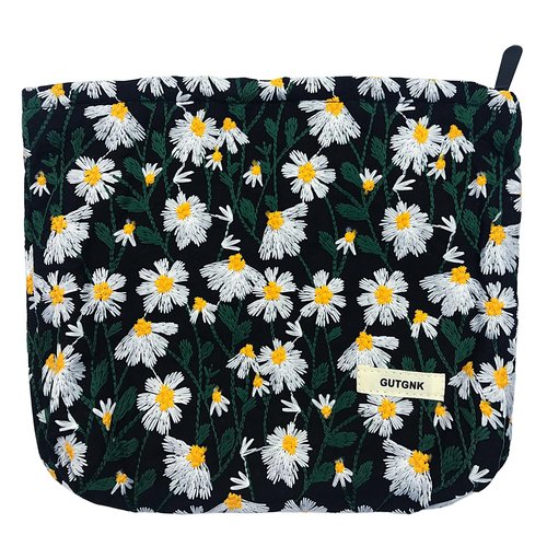GUTGNK Corduroy Ladies Cosmetic Bag, Large Capacity Canvas Cosmetic Bag Travel Toiletry Bag Accessories Organizer, Black Chrysanthemum