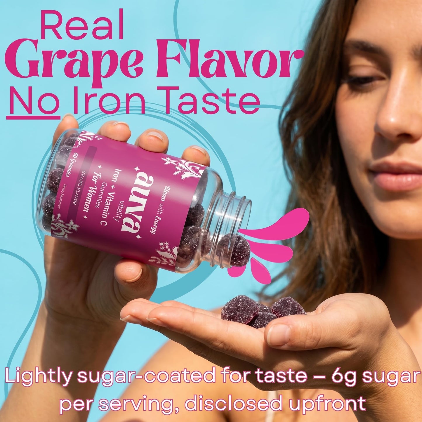 Auva Vitality Iron Gummies for Women — Non-Constipating | Ferrous Fumarate 20mg + Vitamin C | Energy, Anemia & Iron Deficiency Support | Hair Health, Menstrual & Menopause | Grape Flavor, 60 Count