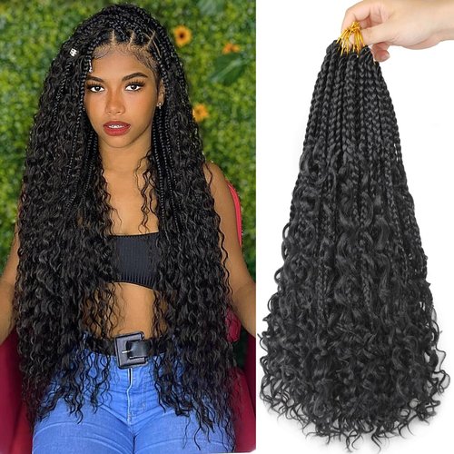 9 Pack Boho Braids Crochet Hair - 30 Inch Pre-looped Goddess Box Braids Crochet Hair Bohemian Crochet Boho Box Braids Crochet Braids With Curly Ends Synthetic Crochet Hair for Women（30 Inch,1B)