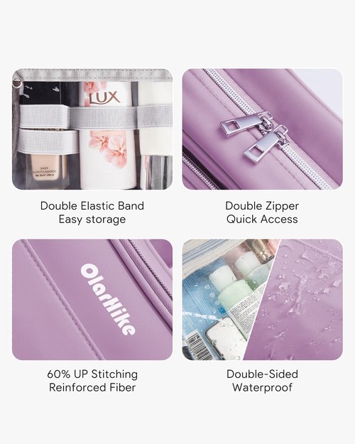 OlarHike Travel Toiletry Hanging Bag Waterproof, Makeup bag, Toiletries, Jewelry, Travel Essentials 3 in 1 Packing Organizers, Cosmetic Travel-Sized Container, Medium for Women Light Purple