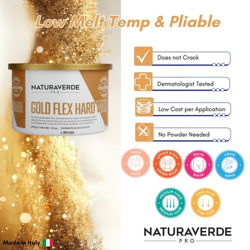 NaturaverdePro Gold Flex Hard Wax, Body and Facial Hair Removal, Brazilian Bikini Wax for Women with Soothing Coconut Oil - 14 oz