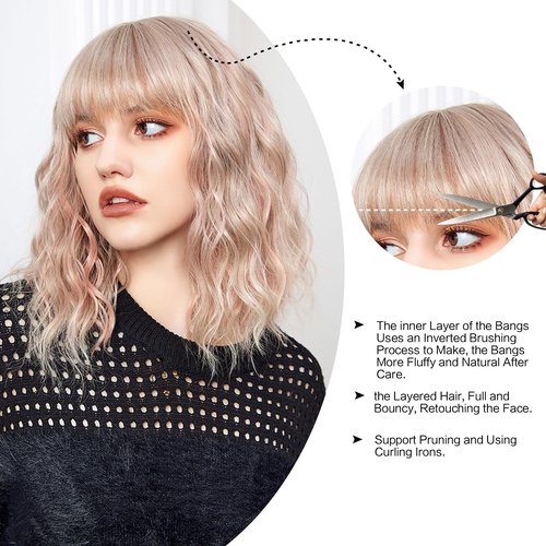 OMELPIS Short Pink Wavy Wig with Bangs Natural Shoulder Length Khaki Pink Water Wave Bob Wigs for Women Colorful Heat Resistant Synthetic Fiber Curly Hair for Anime Cosplay Party Holiday Daily 16In