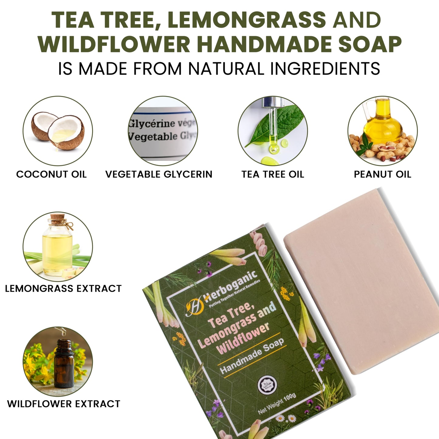 HERBOGANIC Tea Tree, Lemongrass & Wildflower Handmade Soap - Natural, Moisturizing Soap Bar for Soft and Smooth Skin with a Spa-Like Experience Pack of 1 (100g)