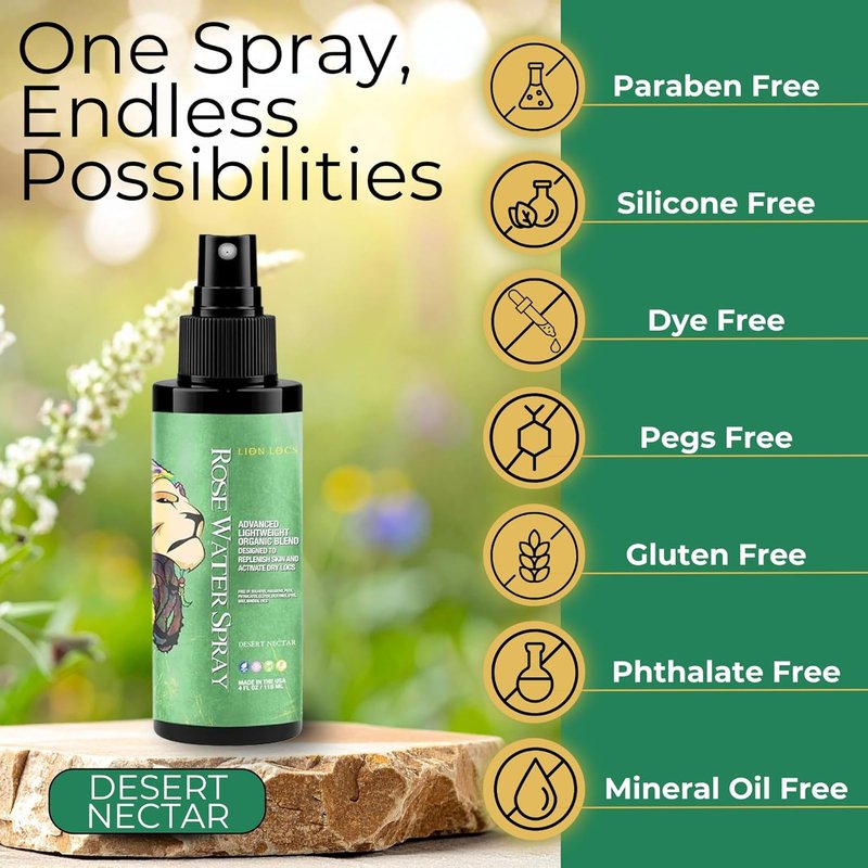 Lion Locs Rosewater Moisturizing Spray - Organic Vegan Conditioner for Locs & Skin | 4oz Desert Nectar