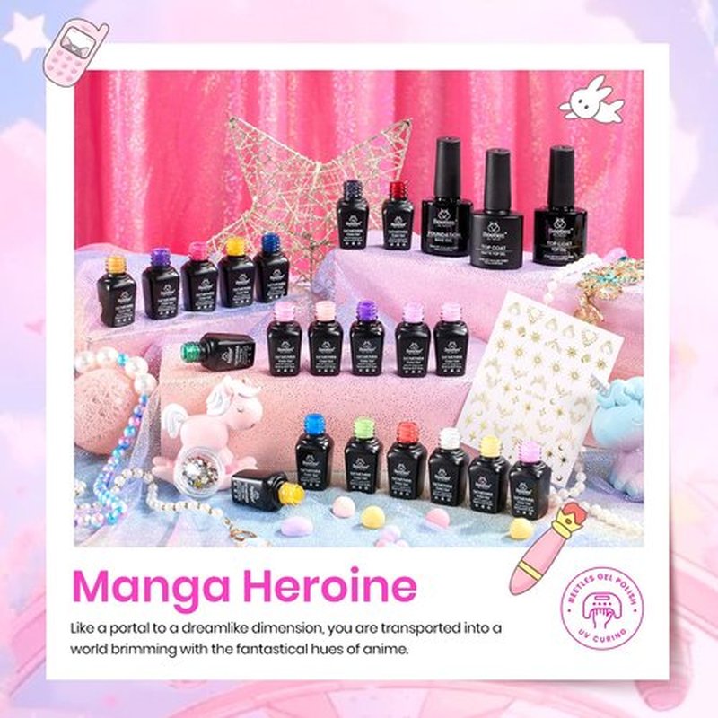 beetles Gel Nail Polish Set, 25Pcs Glitter Red Blue Green Gel Polish Kit Manga Heroine Collection with Nail Stickers Nail Rhinestones 3Pcs Base Top Coat Gift for Women Girls