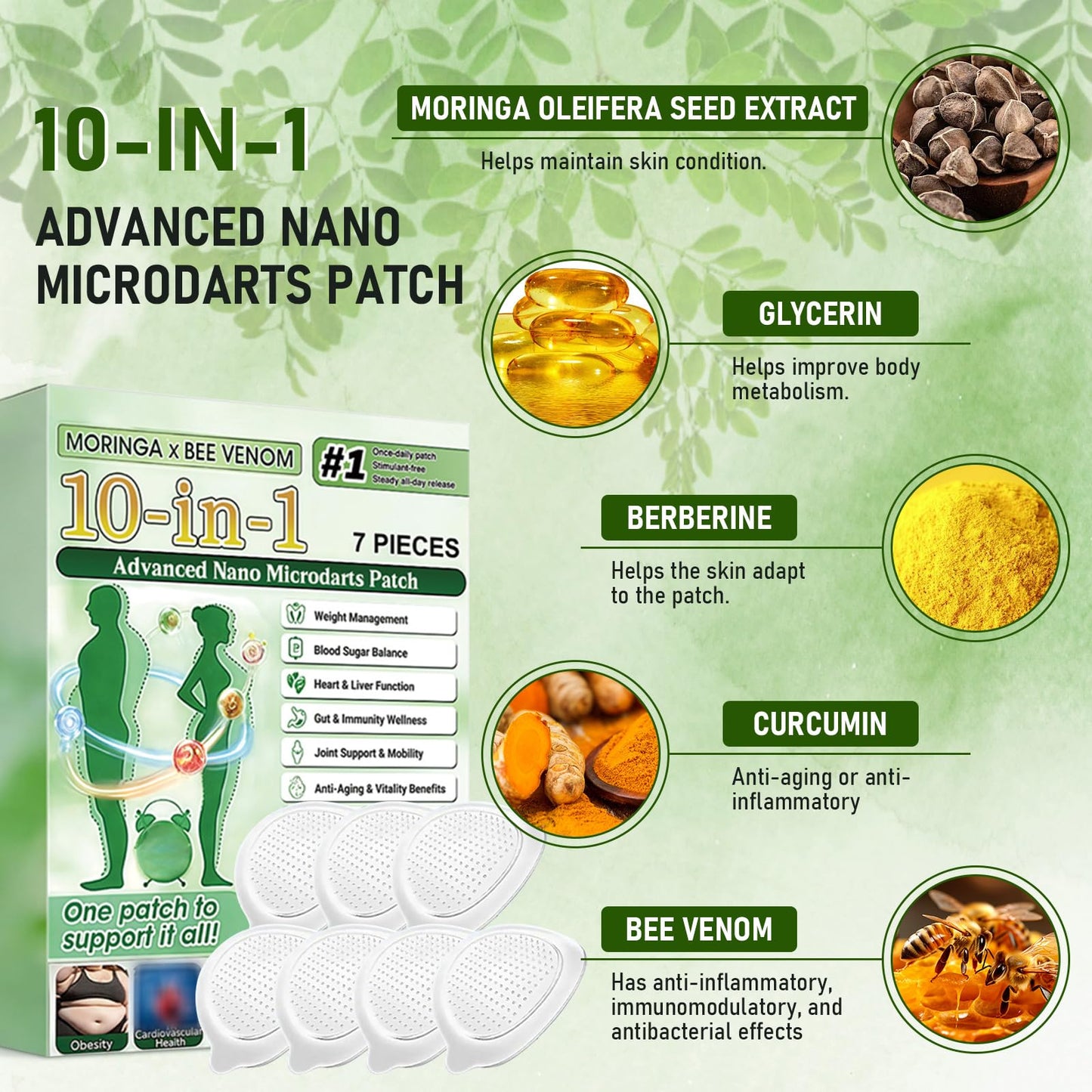 elesysy Moringa 10-in-1 Advanced Nano Microdarts Patch,Moringa Patches - 7 tablets/box, Natural Skin Patches for Women and Men - Gentle Formula for All Skin (2 PCS, 2 Boxes)