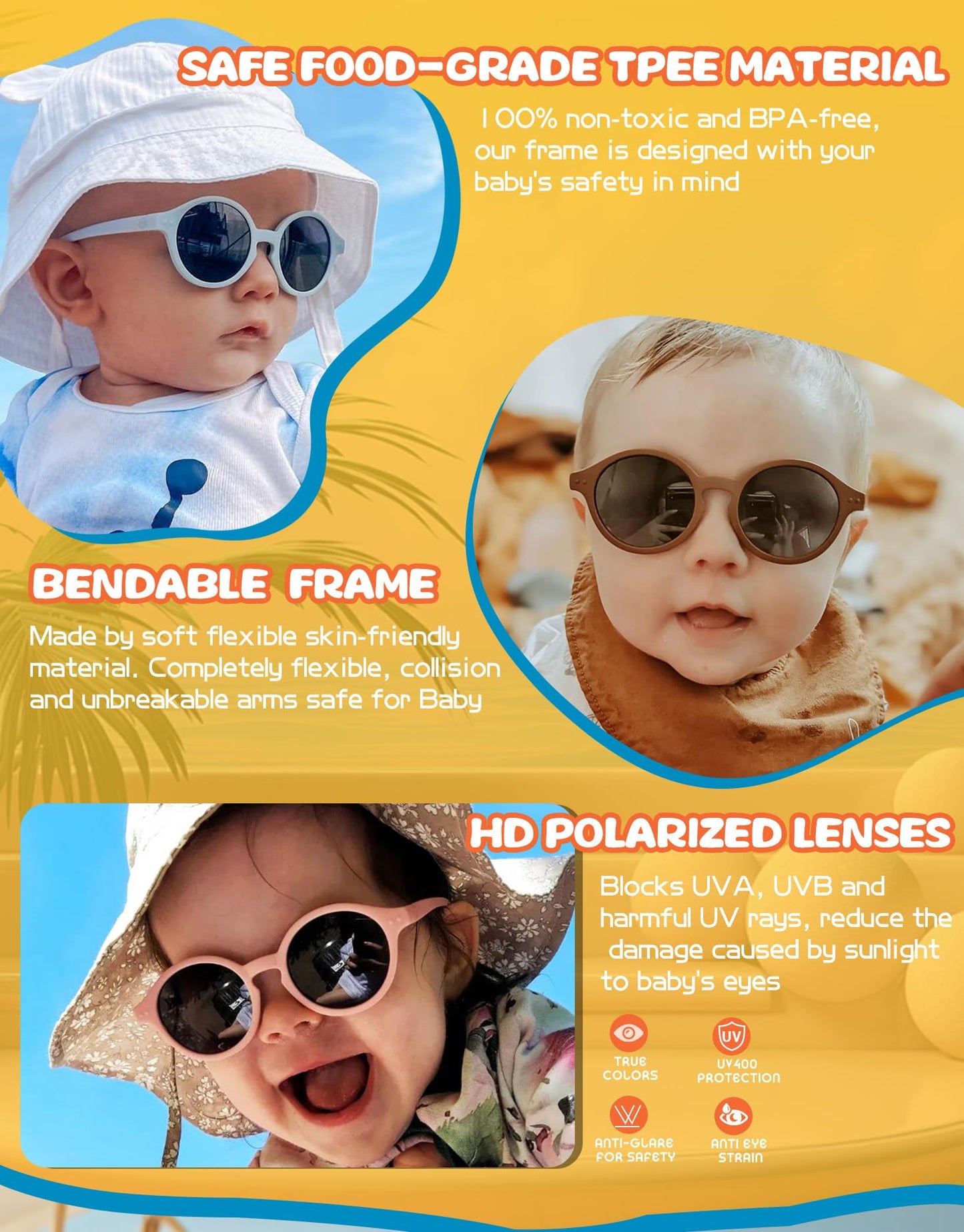 NULOOQ Polarized Baby Sunglasses with Silicone Strap - Bendable TPEE Flexible Infant Sunglasses 0-24 Months (Brown/Gray + Navy Blue/Gray) - 2 Pack