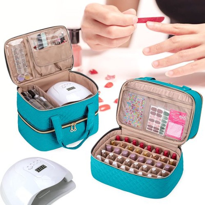 Yarwo Nail Polish Organizer Case Holds 50 Bottles(15ml/0.5 fl.oz) and Nail Lamp, Double Layers Nail Polish Bag with Adjustable Dividers for Nail Art Tools, Teal (Bag Only, Patent Design)