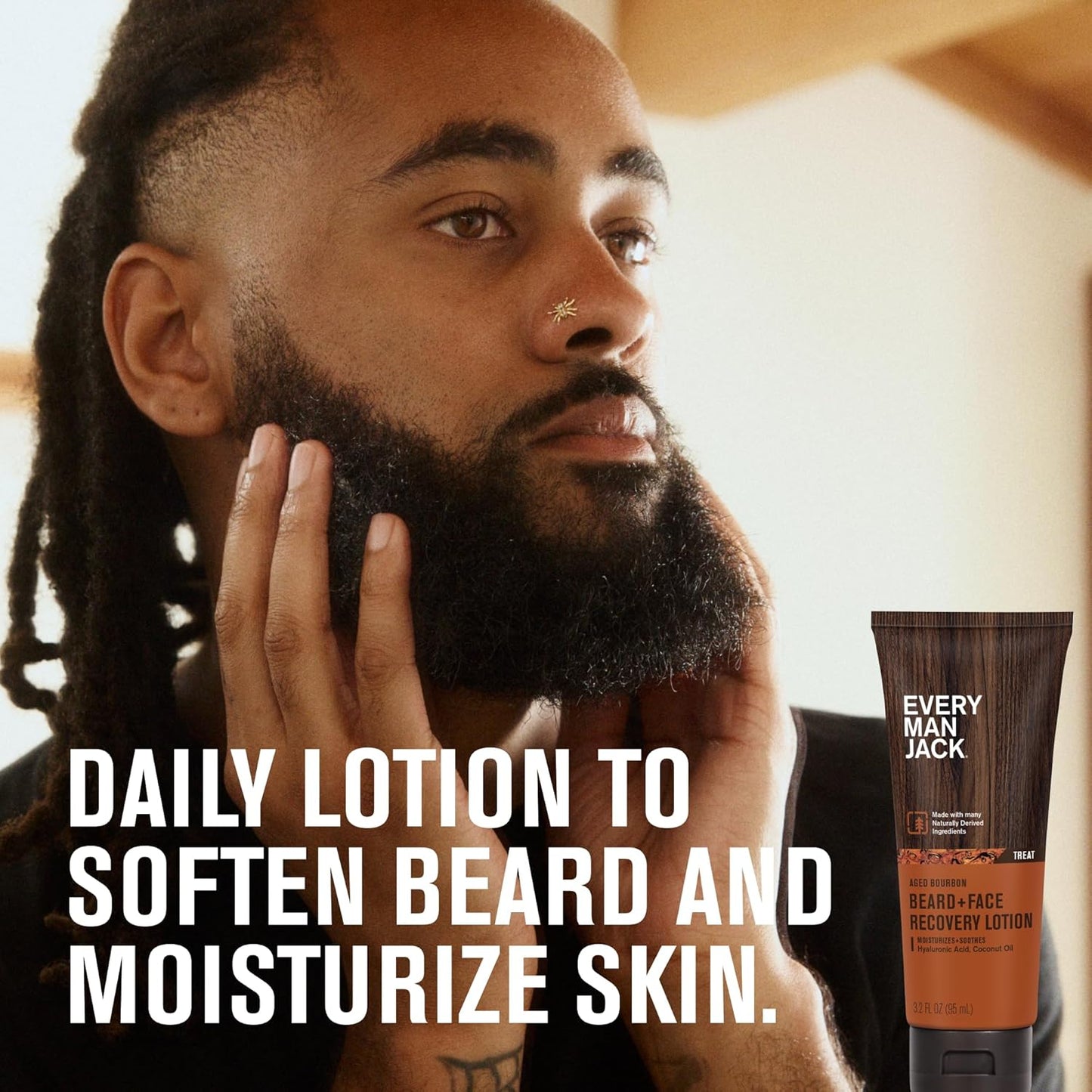 Every Man Jack Beard Lotion - Moisturizing Face & Beard Care - Light Aged Bourbon Scent - 3.2 oz (2 Pack)