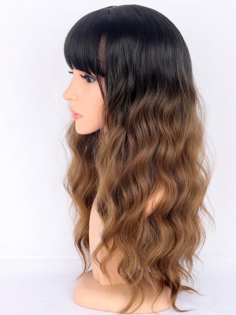 SYMEIW Ombre Brown Wavy Wigs with Bangs for Women Medium Long Brown Synthetic Wigs Natural Wavy Black To Brown Wigs Heat Resistant for Daily Party Use