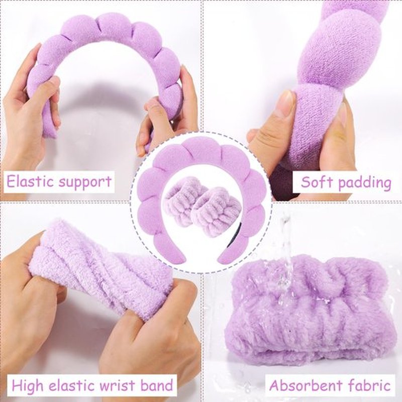 Zkptops Spa Headbands for Washing Face Wristband Set Sponge Makeup Skin Care Purple Headband Towel Bubble Soft Hairband for Women Girls Cute Puffy Headwear Winter Non Slip Thick Thin Hair Accessory