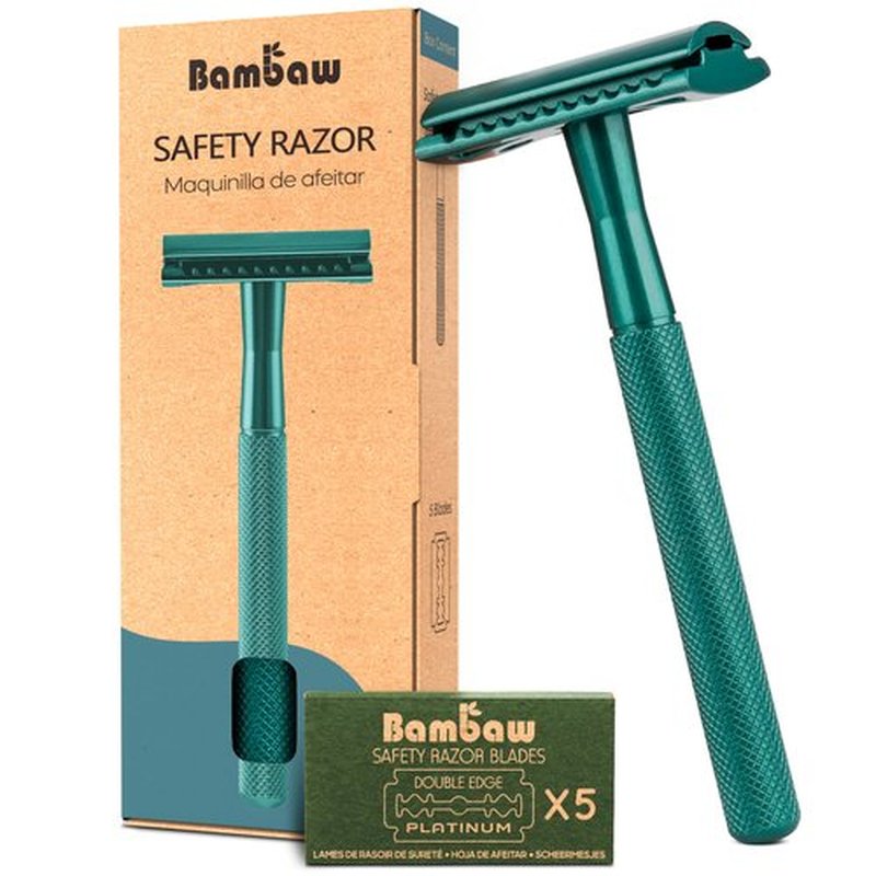 Bambaw Men Safety Razor with 5 Double Edge Safety Razor Blades, Single Blade Razor for Men & Women, Plastic Free Metal Razor – Sea Green