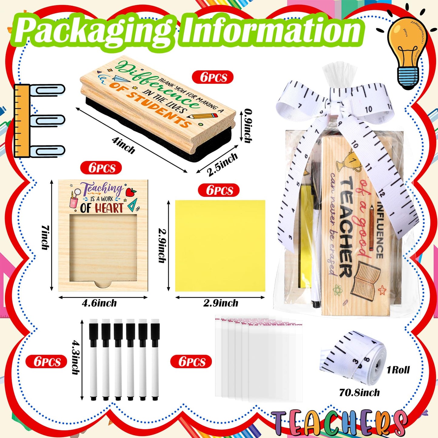 Kosiz 31 Pcs Back to School Teacher Gifts Bulk, Including 6 Thank You Wood Chalkboard Erasers with Markers 6 Note Sticky 6 Wooden Note Holder Measuring Tape for First Day of School Classroom Favor