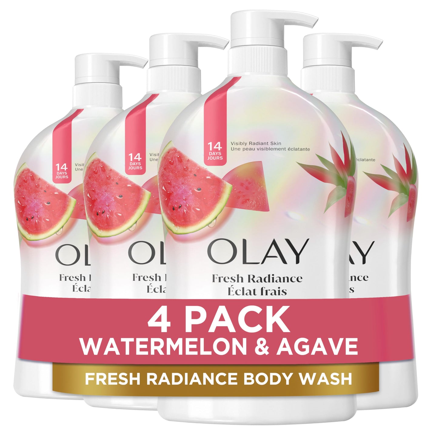 Olay Body Wash for Women, Fresh Radiance, Refreshing & Renewing, Made with Plant Based Cleansers, B3 Botanical Complex, For All Skin Types, Watermelon & Agave Scent, 33 fl oz (Pack of 4)