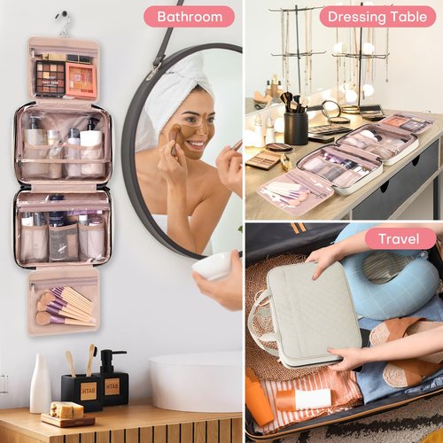 HXLGMD Travel Toiletry Bag for Women, Portable Makeup Cosmetic Bag with Hanging Hook, Travel Essentials 3 in 1 Packing Organizer Travel Bag for Accessories, Shampoo, Full-size Container, Toiletries