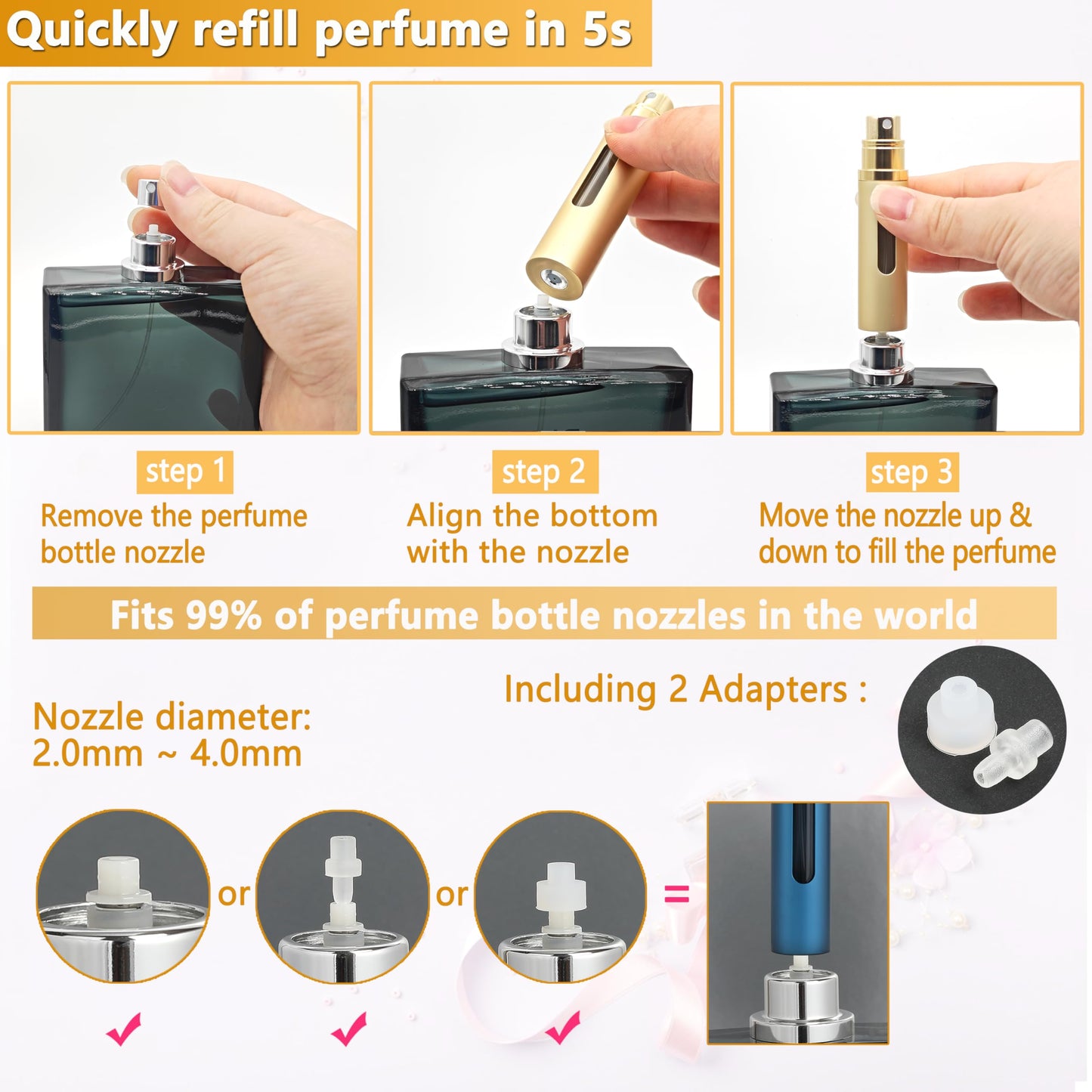 ANTOKX Perfume Travel Refillable Bottle - 3-Pack 5ML Pocket Perfume Atomizer, Travel Perfume Atomizer Refillable Perfume Spray Bottle, Portable Perfume Sprayer (Black & Gray & Silver)
