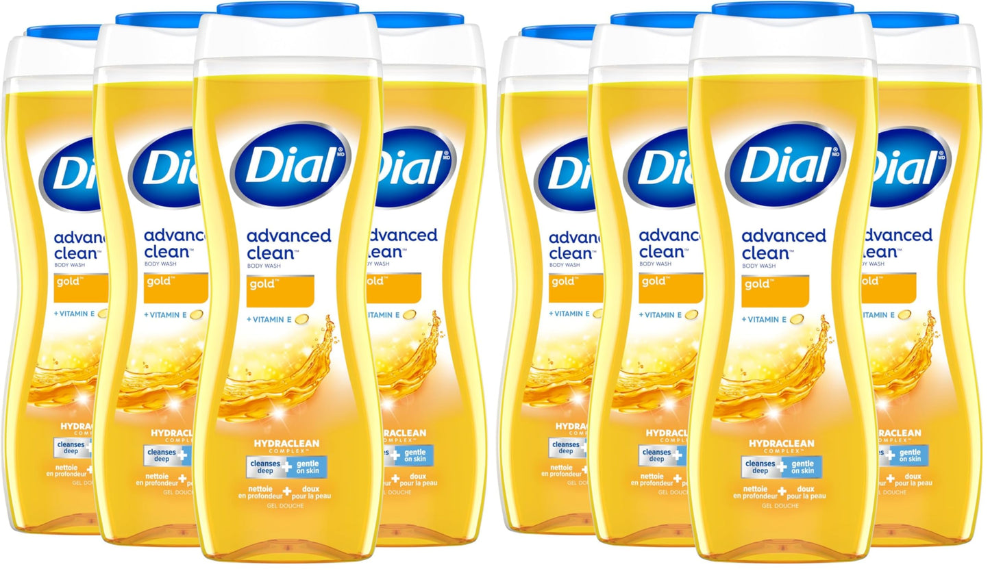 Dial Body Wash, Advanced Clean Gold, 16 Fl Oz, Hydraclean Complex & Vitamin E, Gentle, Leaves Skin Feeling Nourished, Dermatologist-Tested, No Parabens & Sulfates, (Pack of 8)