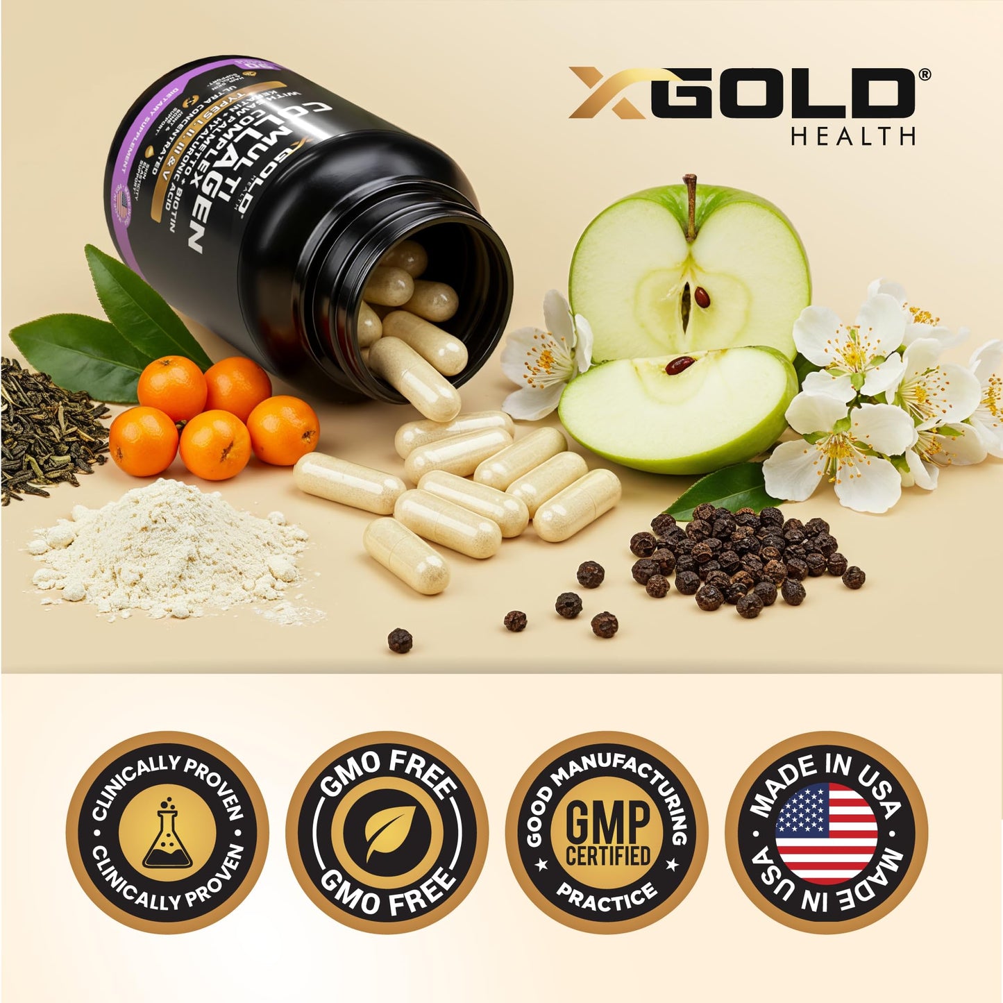 X Gold Health Multi Collagen Types I, II, III & V with Biotin 10,000 mcg, Keratin, Hyaluronic Acid, Saw Palmetto, Hair Skin & Nails Formula, 90 Capsules