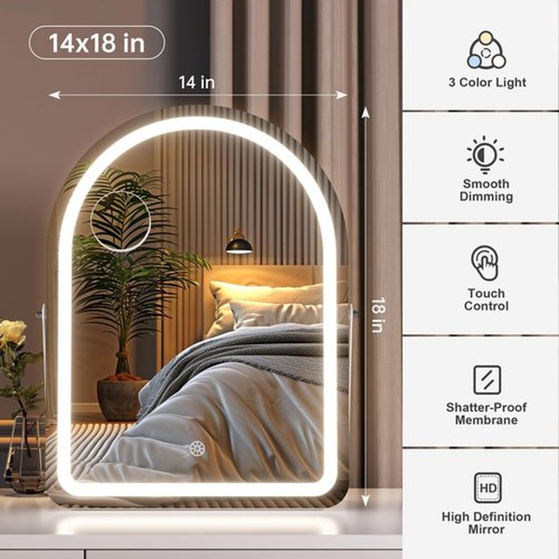 Hasipu Vanity Mirror with Lights, 14"× 18" Arched LED Makeup Mirror, Lighted Makeup Mirror with Lights, Smart Touch Control Dimmable 3 Modes Light 360°Rotation White