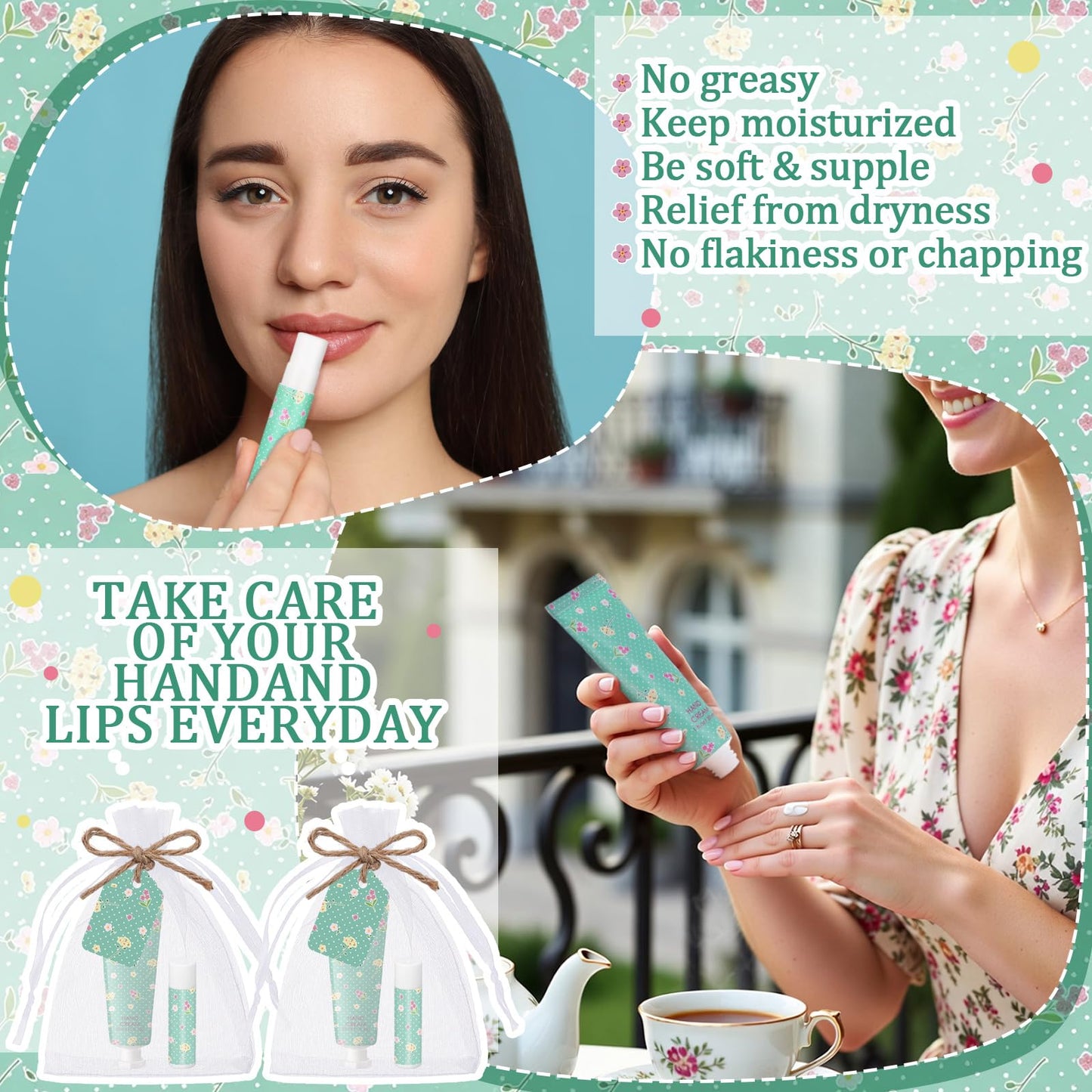 Loopeer 24 Sets / 96 Pcs Tea Party Hand Cream and Lip Balm Gift Flower Spring Party Favors for Guest Floral Flavor Travel Size Hand Lotion and Lip Balm Bulk Wedding Bridal Shower Birthday(Flower)