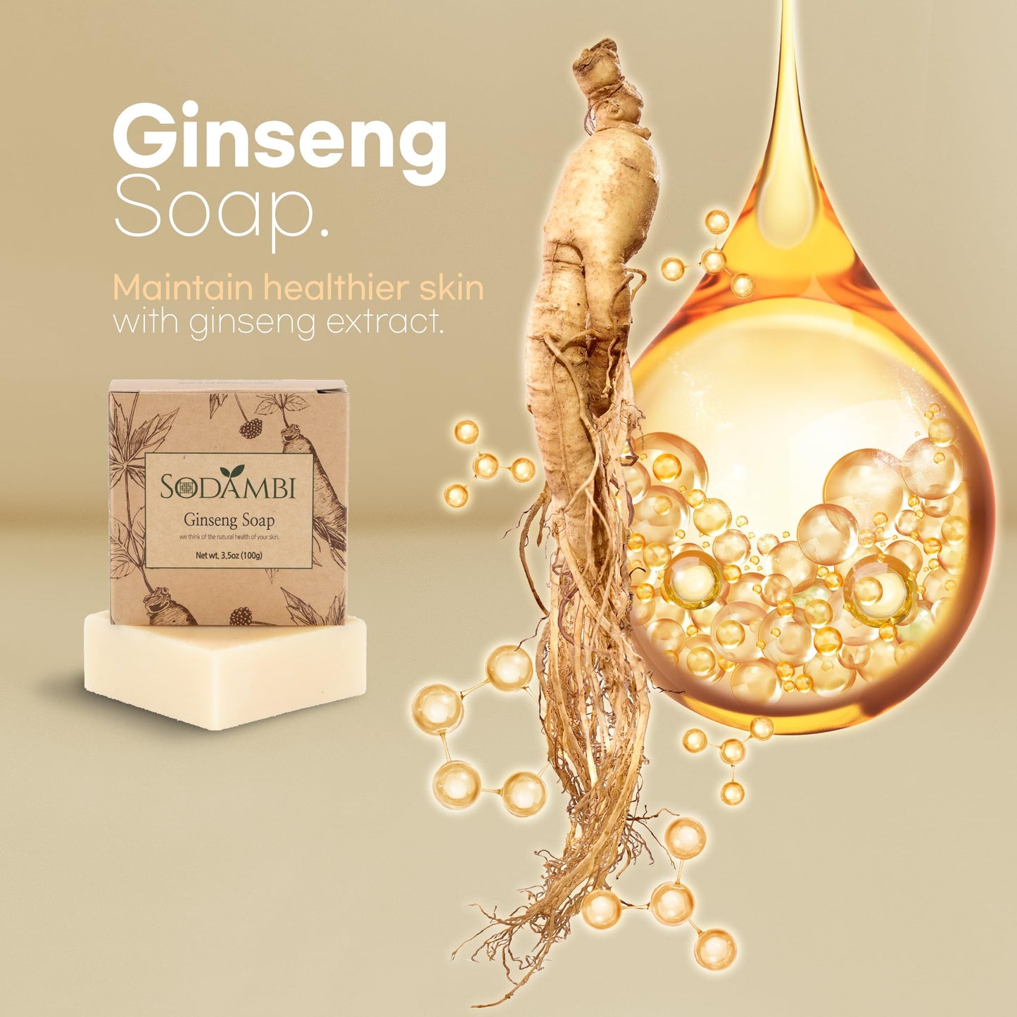 sodambi Ginseng Soap Bar – Handmade with Ginseng, Shea Butter & Avocado Oil – Hydrating & Soothing Cleanser for Face & Body – 3.5 oz