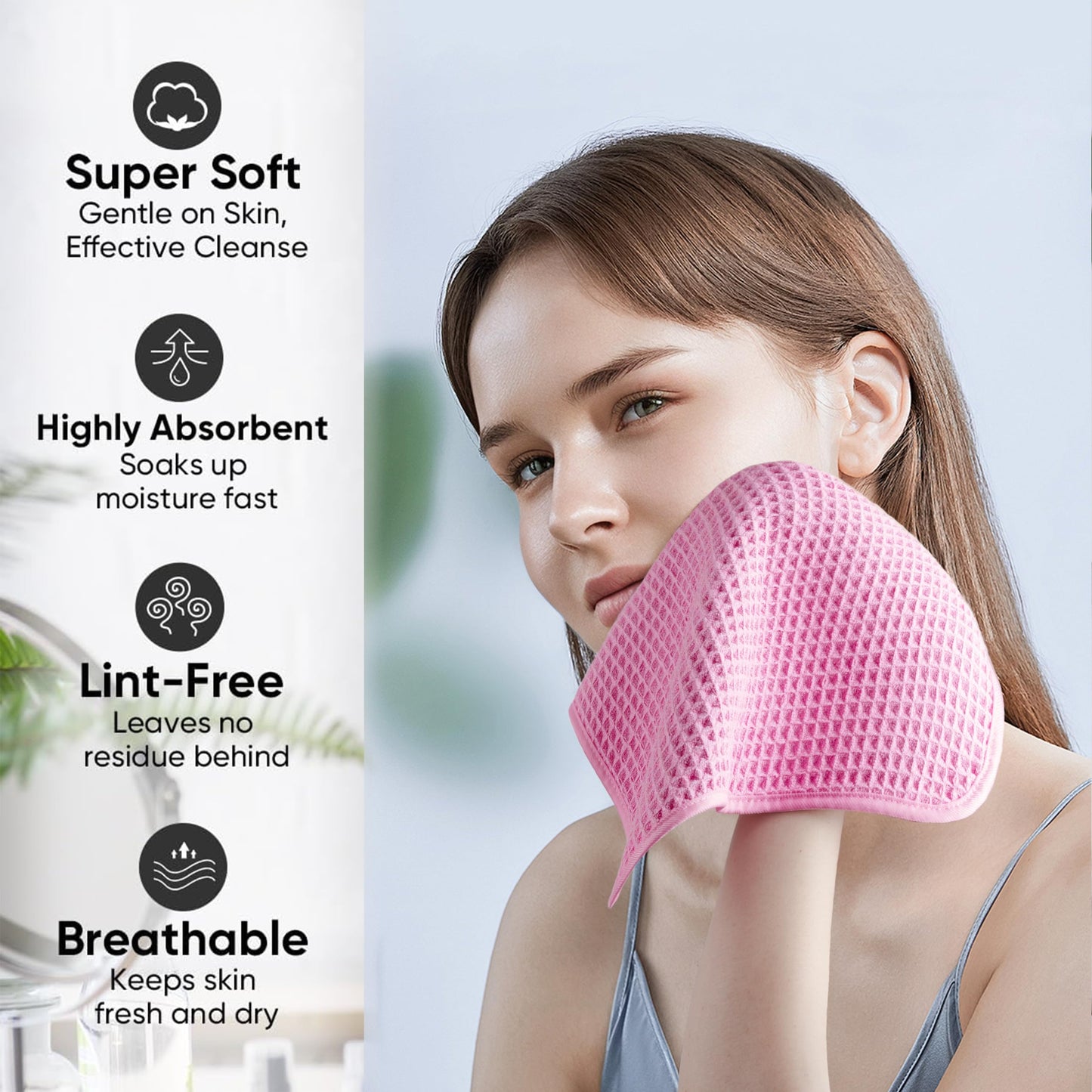Microfiber Waffle Face Towels, 4 Pieces, Soft, Absorbent, Fast Drying, Lint Free 430 GSM (Pink)