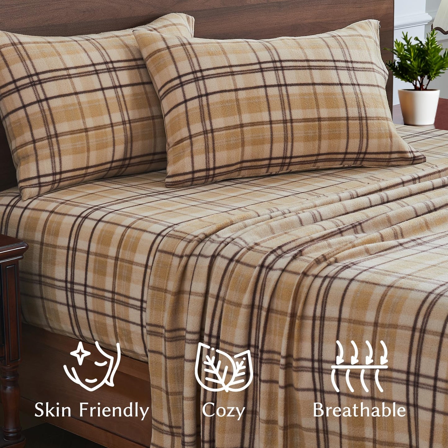 HYPREST Flannel Sheets King Size, Plaid Sheets Double Brushed, Camel Beige Plaid Warm Bed Sheets Winter Fuzzy Bedding