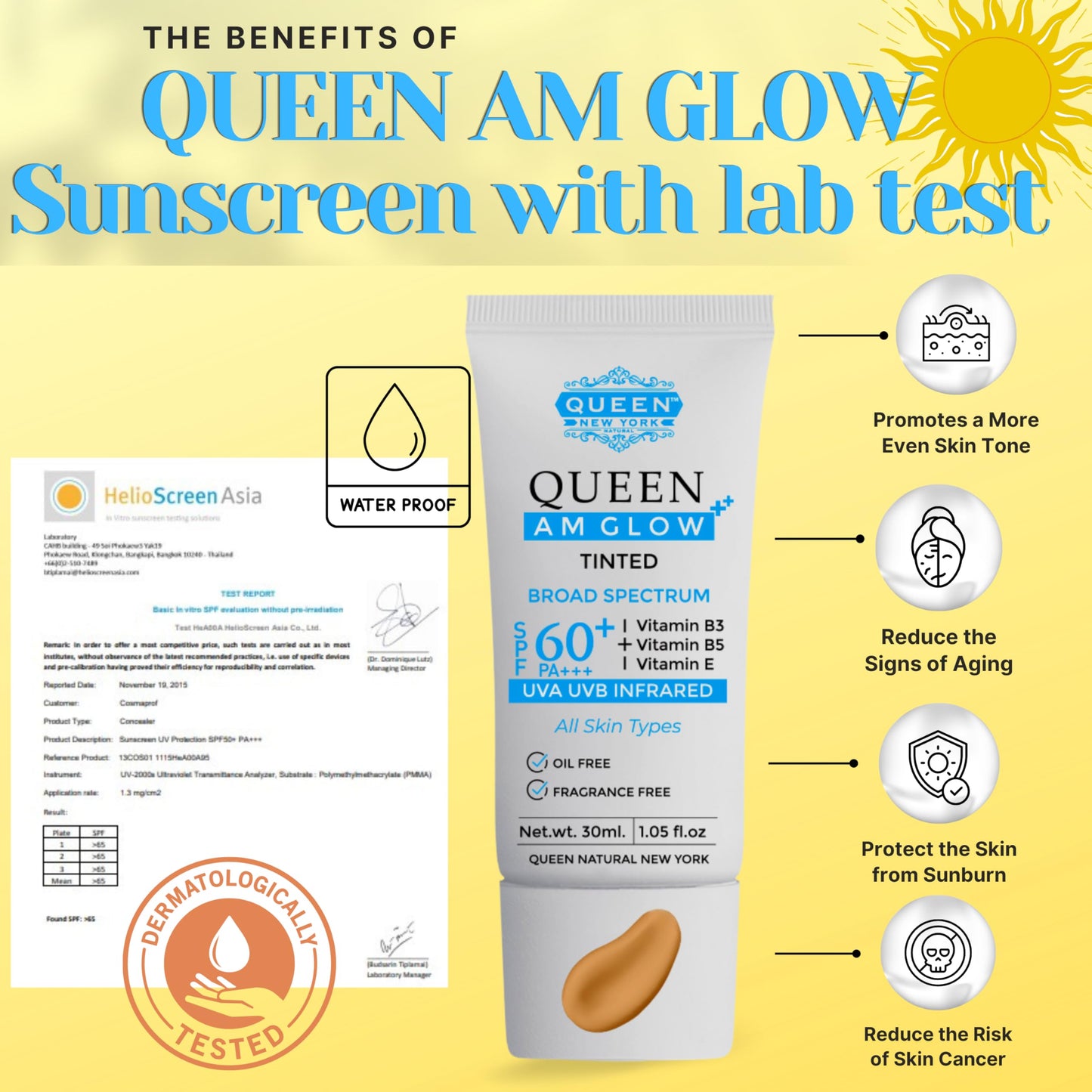 QUEEN AM GLOW | TINTED SunScreen SPF 60 Primer-Anti Aging, Face Moisturizer- Vitamin B3, B5, E- Non-Greasy, Silky Touch, oil free, fragrance free by QUEEN NATURAL NEW YORK (Pack of 1)