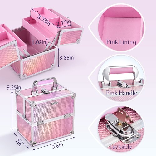 Frenessa Makeup Train Case Cosmetic Organizer Case Portable Travel Storage Box 4 trays with Dividers Lockable Make Up Case for Makeup Artist, Nail Tech, Crafter Makeup Tools Makeup Toiletry Case
