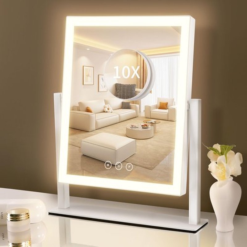 Acoolda 14.4"x12"Vanity Mirror with Lights, Makeup Mirror with Lights Three Color Lighting Modes, Dimmable Touch Screen, Detachable 10X Magnifying Mirror, Free Rotation,White