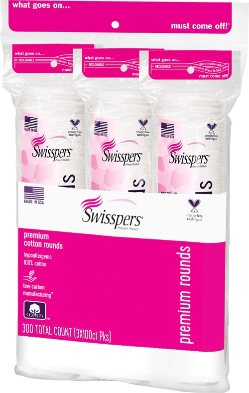 Swisspers Premium Cotton Rounds – 100 Count (Pack of 3) - 100% Pure Cotton - Soft, Absorbent, Hypoallergenic Pads for Makeup Removal, Skincare, Baby Care and Facial Cleansing - Lint Free
