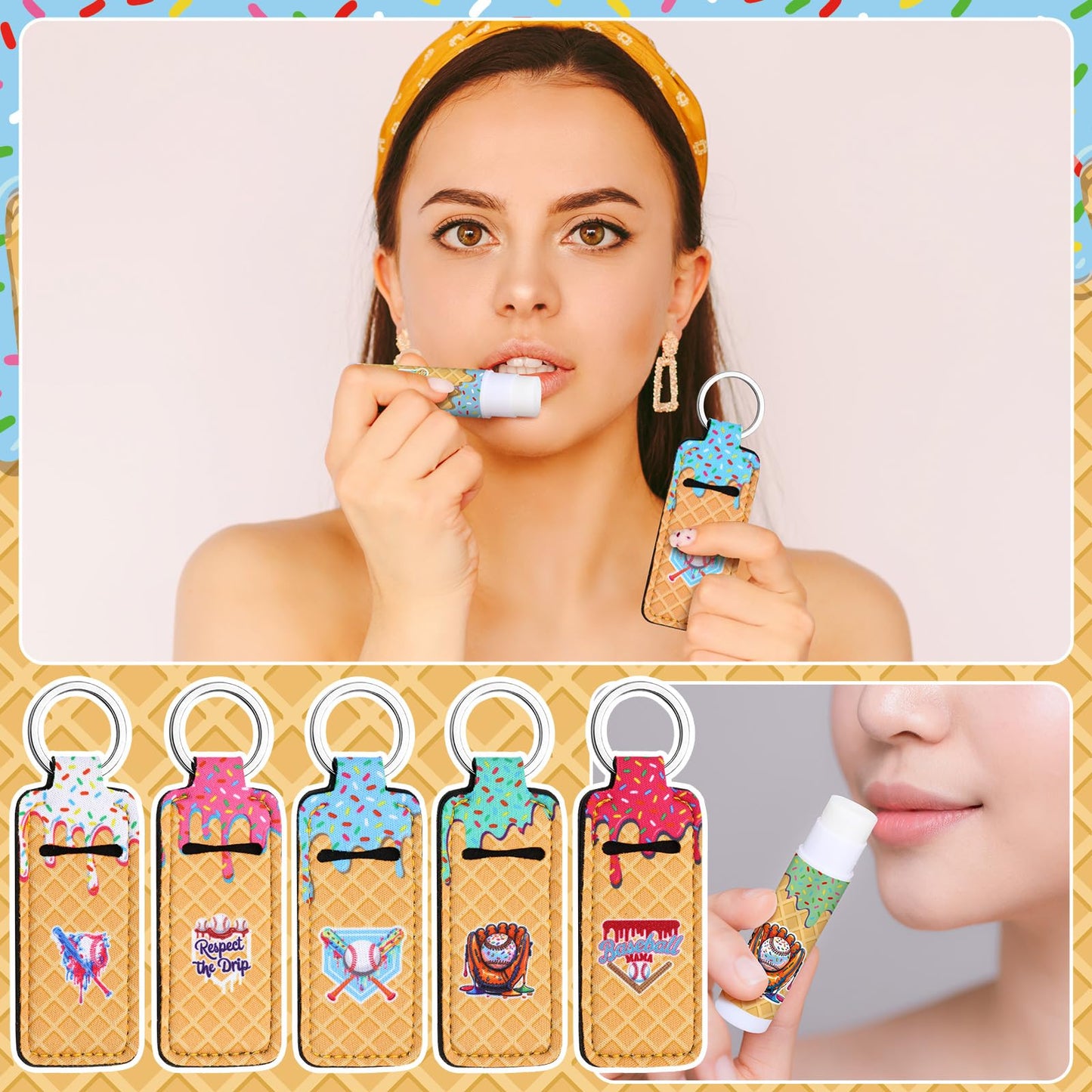 ElaraBerry 25 Pcs Ice Cream Baseball Drip Party Favor Gift Bulk Lipstick Holder Keychain Sports Accessories for Adults (Baseball)
