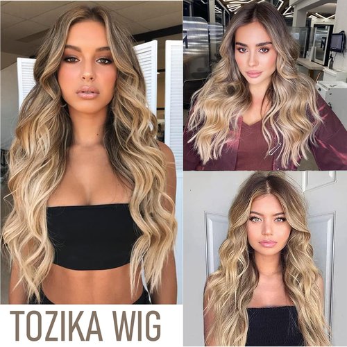 TOZIKA Long Ombre Blonde Wavy Wig for Women 26 Inch Curly Wavy Wig Middle Part Synthetic Wavy Wig Natural Looking Heat Resistant Fiber Wig for Daily Party Use