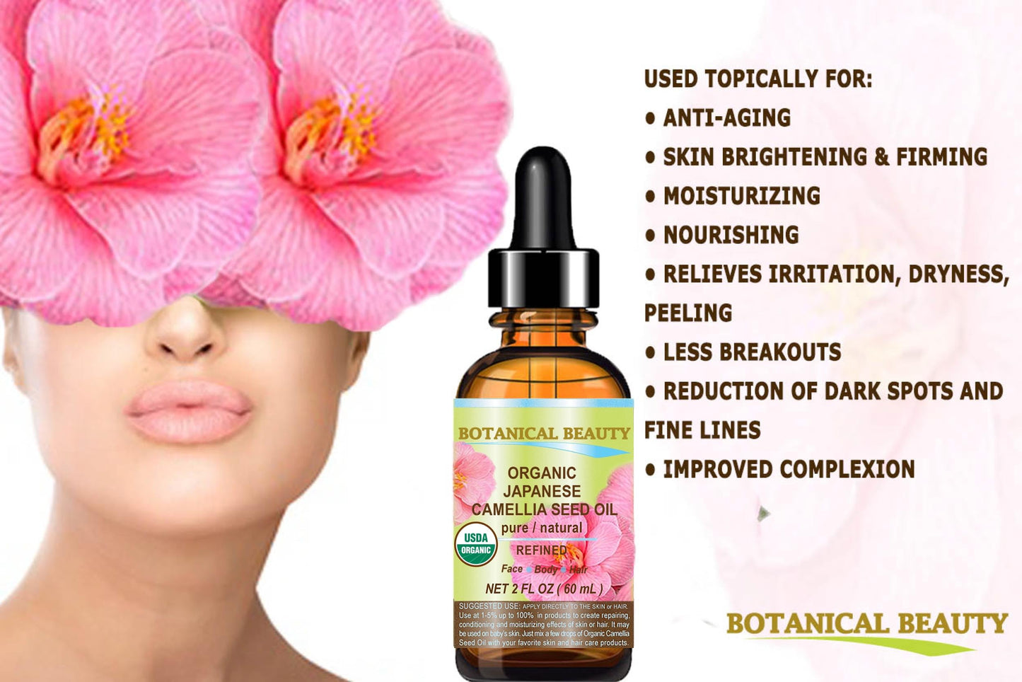 Botanical Beauty Japanese ORGANIC CAMELLIA Seed Oil. 100% Pure Natural Undiluted Refined Cold Pressed Carrier Oil to revitalize and rejuvenate the hair, skin and nails. 0.5 Fl. oz 15 ml